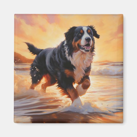 Sandy Paws Berner Berghond op Strand Zonsondergang Magneet (Voorkant)