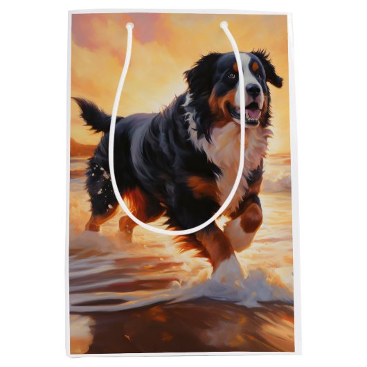 Sandy Paws Berner Berghond op Strand Zonsondergang Medium Cadeauzakje (Voorkant)