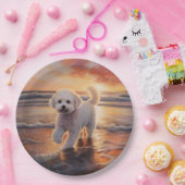 Sandy Paws Bichon Frise Hond op Strand Zonsonderga Papieren Bordje (Feest)