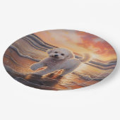 Sandy Paws Bichon Frise Hond op Strand Zonsonderga Papieren Bordje (Gekanteld)