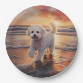 Sandy Paws Bichon Frise Hond op Strand Zonsonderga Papieren Bordje (Voorkant)
