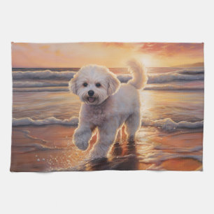 Sandy Paws Bichon Frise Hond op Strand Zonsonderga Theedoek