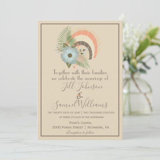 Sandy Seashell Coastal Wedding Kaart (Staand voorkant)