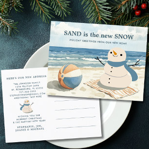 Sandy Snowman Beach Scene Nieuw Adres Feestdagenkaart