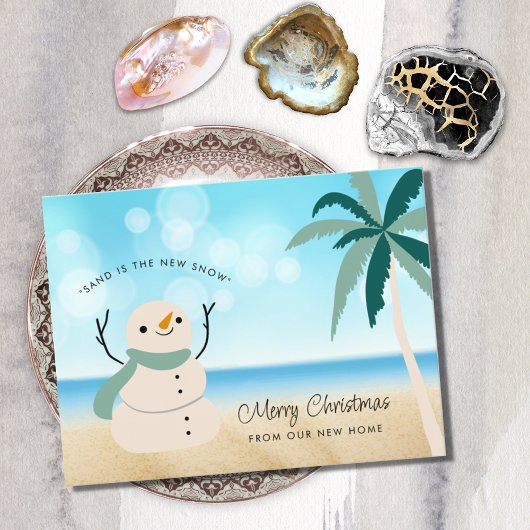 Sandy Snowman Palm Tree on Beach New Home Aankondigingskaart