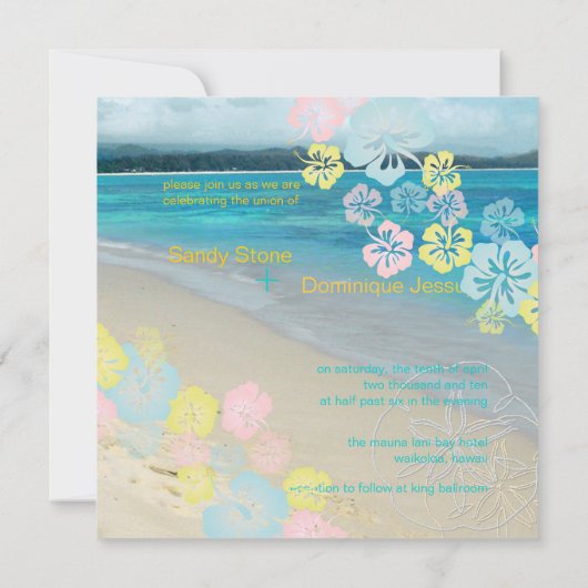 Sandy strand/hibiscus bestemmingbruiloft kaart (Achterkant)