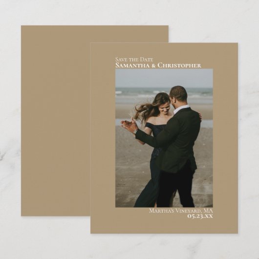 Sandy Tan Vertical Photo Minimalist Wedding Save The Date (Voorkant / Achterkant)