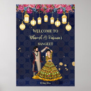 Sangeet welkom aangepast bord dansend Indiaas paar Poster