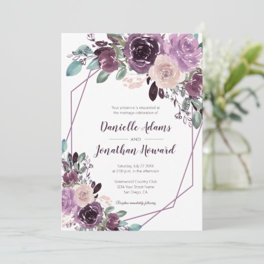 Sangria Paarse Bloemen Geometrische Bruiloft | Kaart (Staand voorkant)