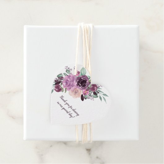 Sangria Paarse Mauve Bloemenhart bruiloft | Bedankjes Labels (In situ)