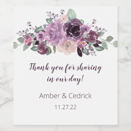 Sangria Paarse Mauve Waterverf Bloemenbruiloft Wijn Etiket (Enkel label)