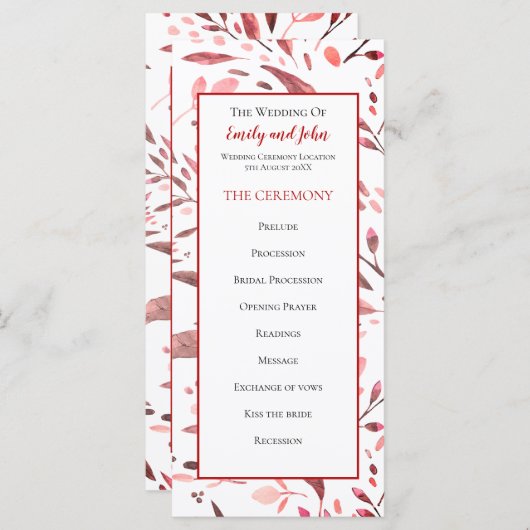 Sangria Rode Waterverf verlaat bruiloft Programma (Voorkant / Achterkant)