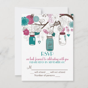 Sangria & Teal Mason Jars RSVP Trouw Uitnodiging