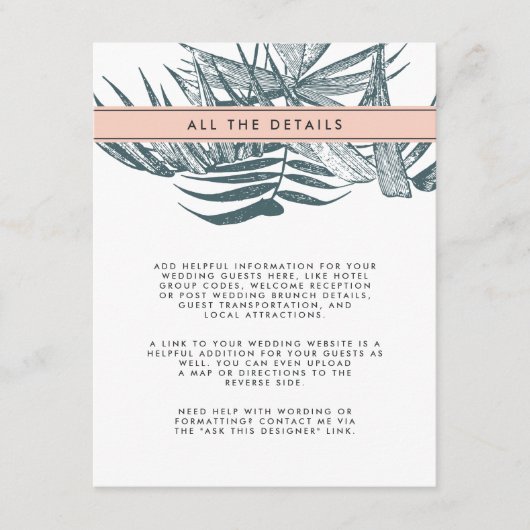Sanibel | Details tropische botanische bruiloft Informatiekaartje (Voorkant)