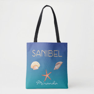 Sanibel met schelpen op blauw en aangepaste naam draagtas