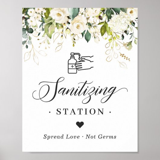 Sanitizing Station Sign Greenery White Roses Poster (Voorkant)