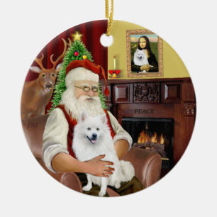 Santa-American Eskimo Dog Keramisch Ornament