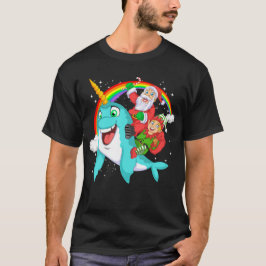 santa and elf riding narwhal t-shirt