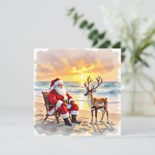 Santa and Reindeer at Beach Personalized Christmas Feestdagenkaart (Staand voorkant)