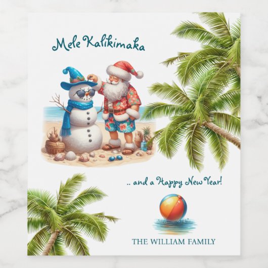 Santa and Snowman Mele Kalikimaka Christmas Wijn Etiket (Enkel label)