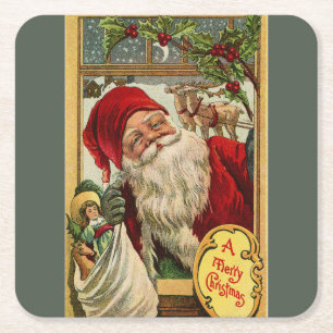 Santa at the Window with Bag of Toys Vierkante Kartonnen Onderzetter