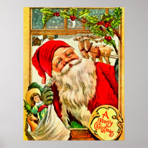 Santa At Window met speelgoedzak Poster