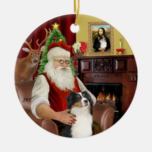 Santa-Aussie Shepherd (Tri 2) Keramisch Ornament (Voorkant)