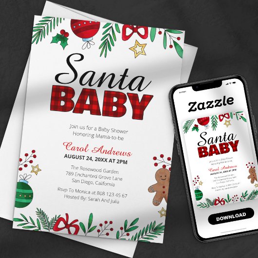 Santa Baby Plaid Botanisch Baby shower Kaart