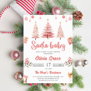 Santa Baby Roze Winter Tree Christmas Baby shower Kaart