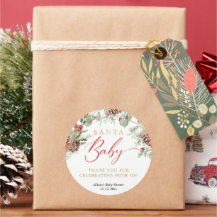 Santa Baby Rustic Winter Greenery baby shower Ronde Sticker