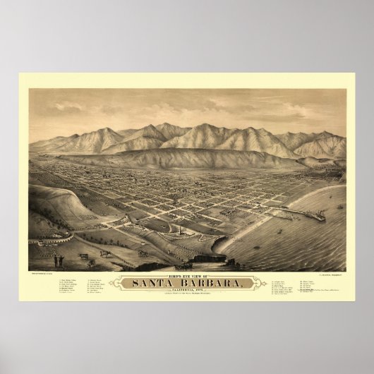 Santa Barbara, CA Panoramic Map - 1877 Poster (Voorkant)