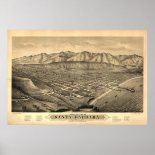 Santa Barbara Cal. 1877 Antiek panoramische kaart Poster