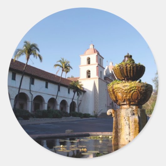 Santa Barbara Mission Fountain Ronde Sticker (Voorkant)