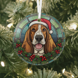 Santa Basset Hound Dog Kerstmis Gevlekt Glas Ornament