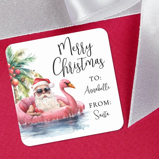 Santa Beach Christmas Gift Tag Sticker