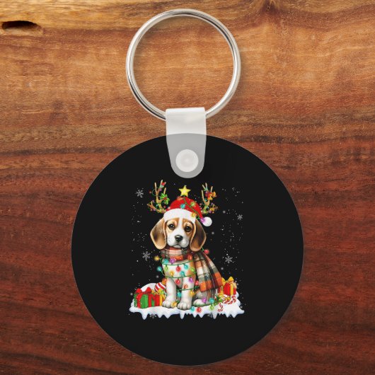 Santa Beagle Christmas Lights Funny Reindeer Dog X Sleutelhanger (Voorkant)
