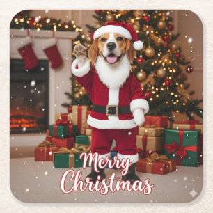 Santa Beagle Prettig Kerstfeest - Beagle Kerstmis Vierkante Kartonnen Onderzetter