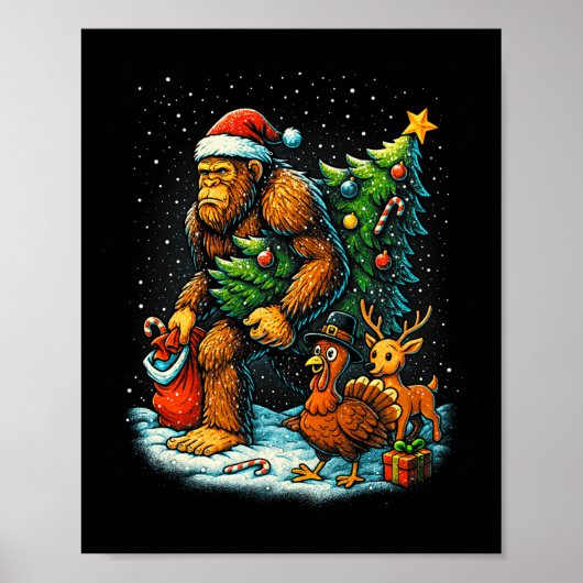 Santa Bigfoot Christmas Tree Turkey Reindeer Thank Poster (Voorkant)
