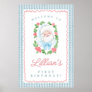 Santa Birthday Sign with Blue Gingham and Roses Poster