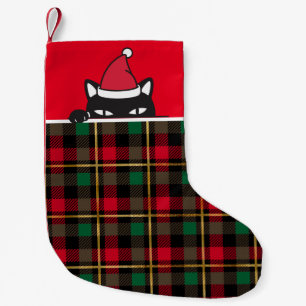 Santa Black Cat Peeking Buffalo Plaid Grappig Kleine Kerstsok