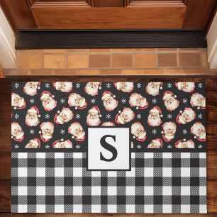 Santa Black Gingham Monogrammed Christmas Deurmat