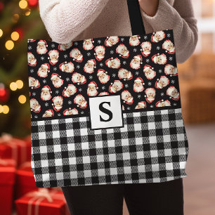  Santa Black Gingham Monogrammed Christmas Draagtas