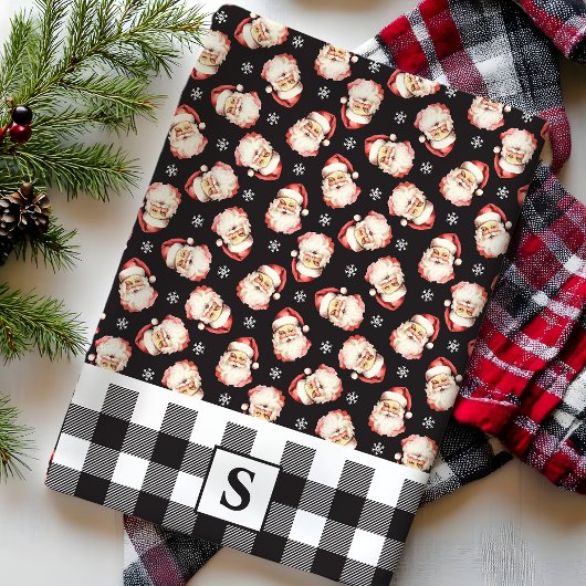 Santa Black Gingham Monogrammed Christmas Theedoek