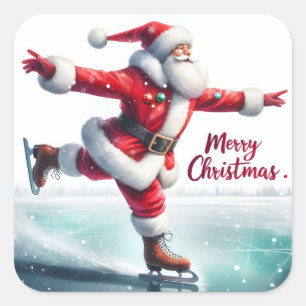 Santa blij schaatsen! vierkante sticker