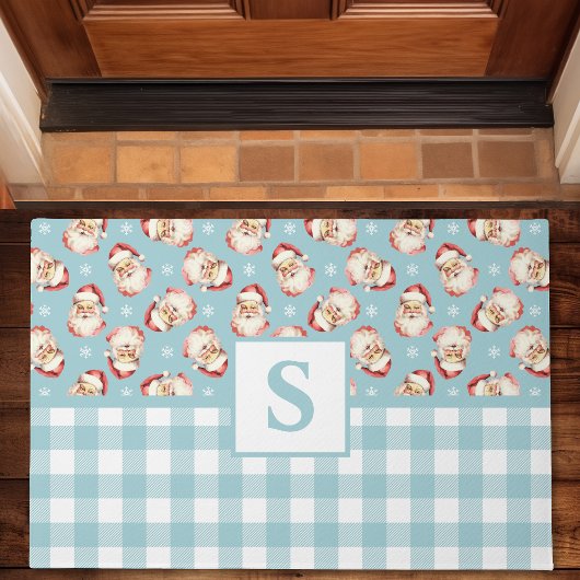  Santa Blue Gingham Monogrammed Christmas Deurmat