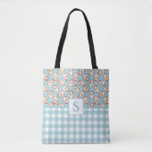  Santa Blue Gingham Monogrammed Christmas Draagtas (Voorkant)