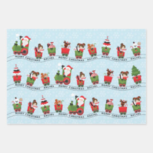 Santa & Brunette Girl op trein Inpakpapier Vel