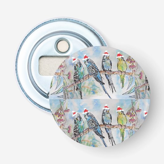Santa Budgie Kerst Waterverf Schilderij Vogel Button Flesopener (Voorkant)