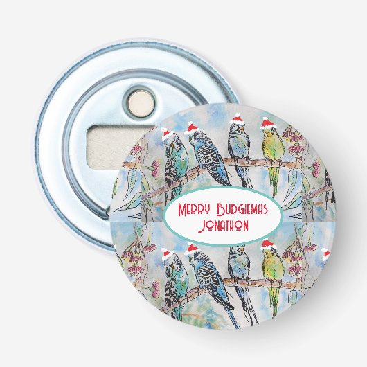 Santa Budgie Kerst Waterverf Schilderij Vogel Button Flesopener (Voorkant)