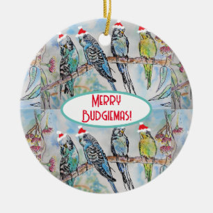 Santa Budgie Kerst Waterverf Schilderij Vogel Keramisch Ornament